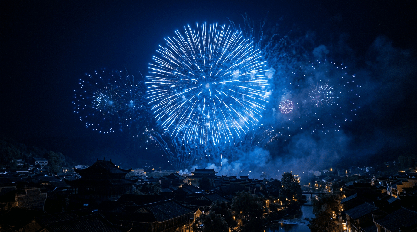 A massive deep-blue spherical firework burst of copper chloride stars over a traditional Chinese village at night