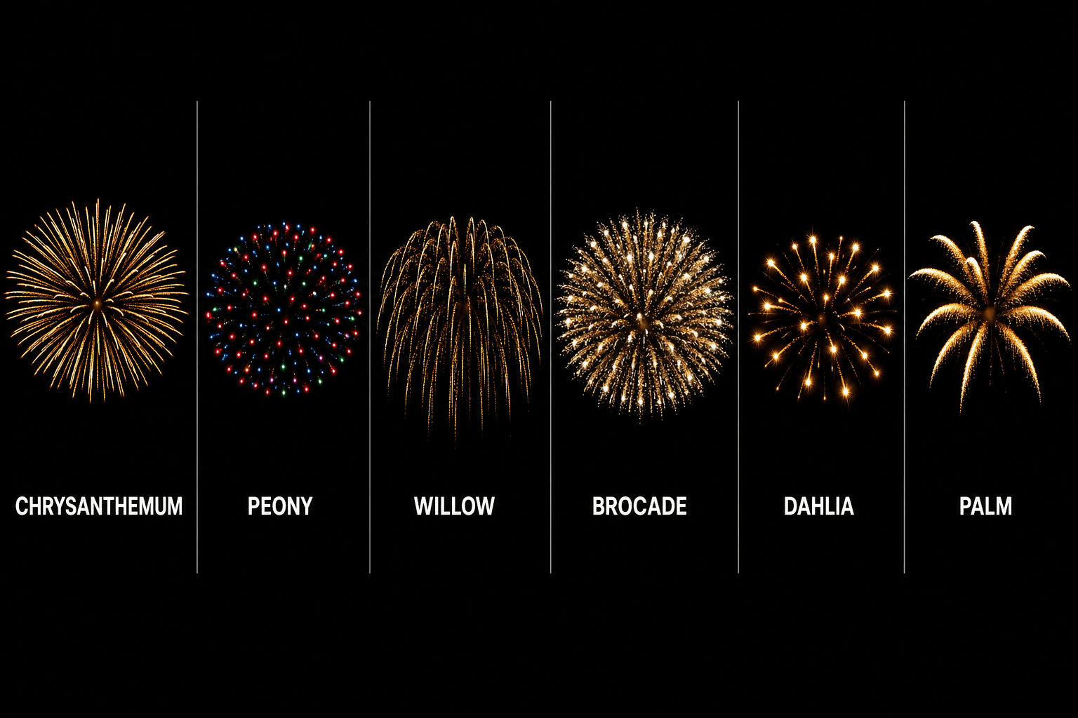 Six aerial shell families compared — chrysanthemum, peony, willow, brocade, dahlia and palm shells