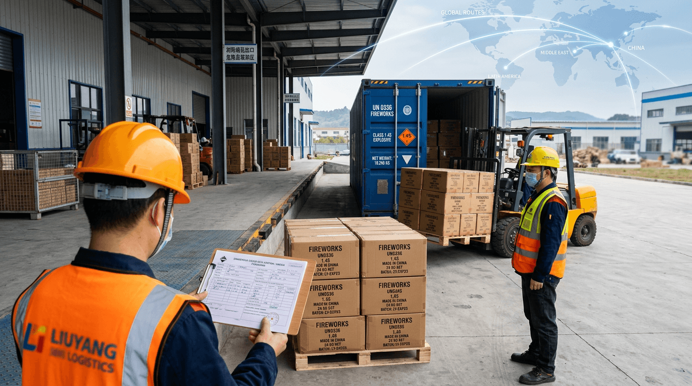 DG container loading inspection at a Liuyang fireworks factory — workers checking dangerous goods declaration, fireworks cartons labeled UN0336 and 1.4G being loaded by forklift, with global shipping routes to the Middle East and Latin America