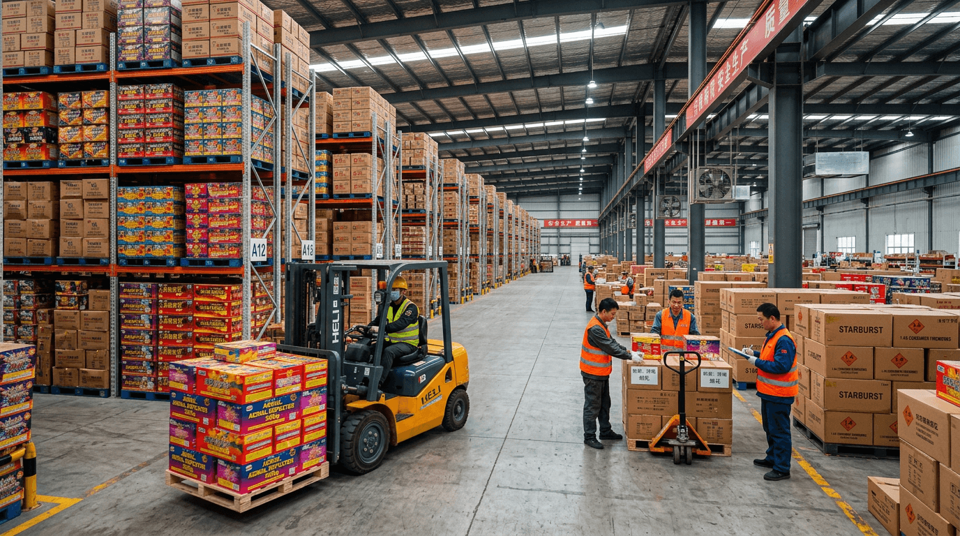 Large fireworks warehouse in Liuyang — factory-direct wholesale supply chain