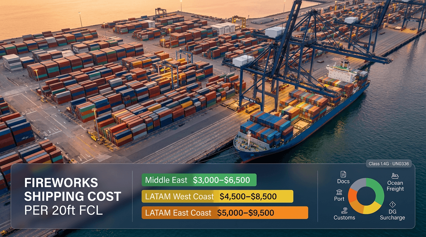 Fireworks shipping cost per 20ft FCL — aerial view of container port with price ranges for Middle East ($3,000–$6,500), LATAM West Coast ($4,500–$8,500) and LATAM East Coast ($5,000–$9,500)