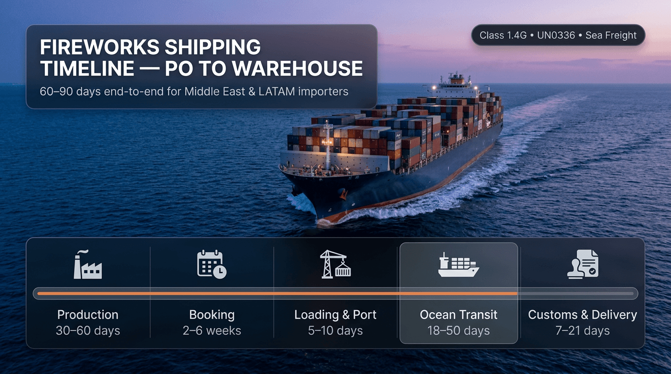 Fireworks shipping time from China — sea freight transit windows to Middle East (18–28 days), Latin America West Coast (25–35 days) and Latin America East Coast (35–50 days), with delay causes