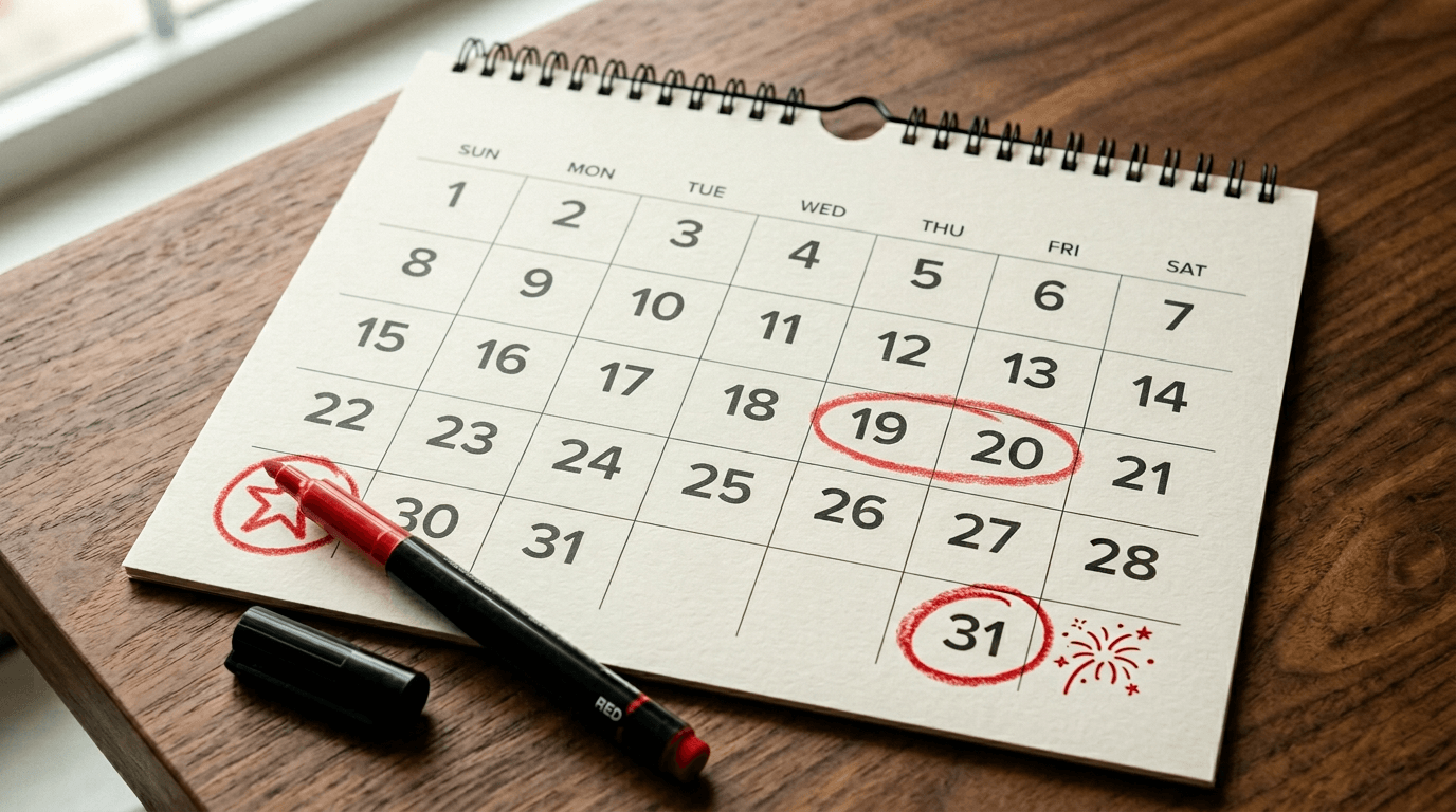 2026 fireworks sourcing calendar with key deadlines circled: CNY shutdown, April sail date, July 4th and New Year's Eve — cartons and container on the desk