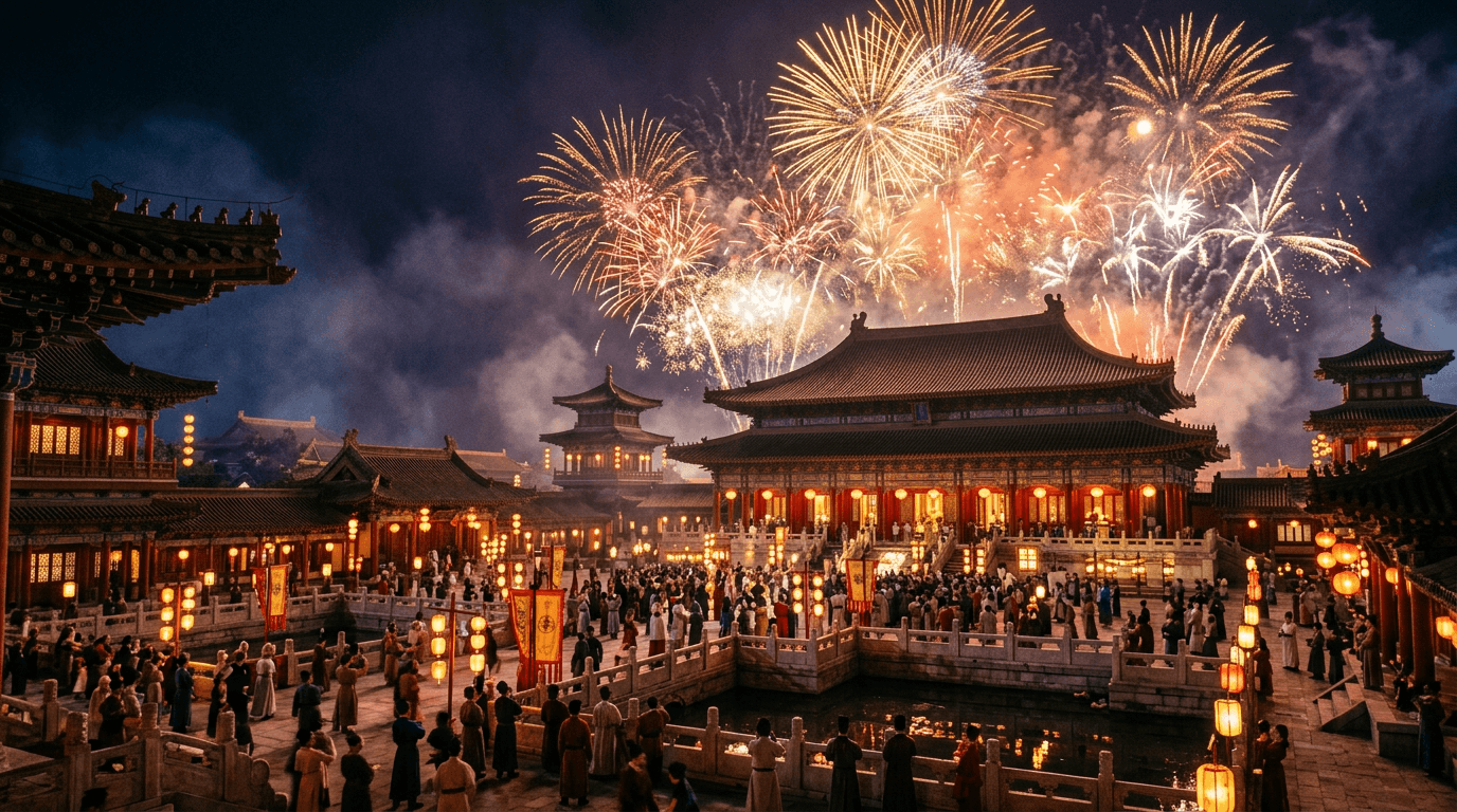 Ancient Chinese imperial palace courtyard with spectacular fireworks — the birthplace of pyrotechnics