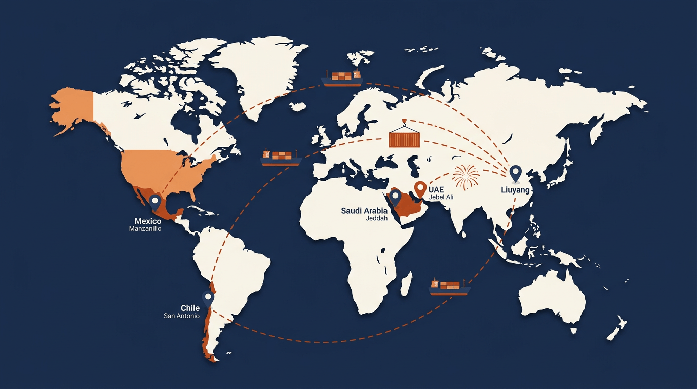 World map showing fireworks export shipping routes from Liuyang China to Middle East (UAE Jebel Ali, Saudi Arabia Jeddah) and Latin America (Mexico Manzanillo, Chile San Antonio) for B2B distributors