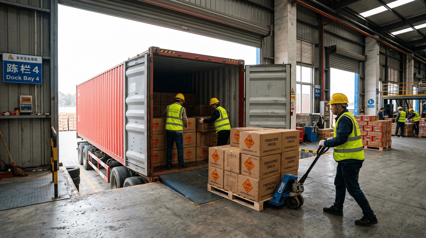 Workers loading UN0336 Class 1.4G fireworks cartons into a 20ft container at a Liuyang factory loading dock