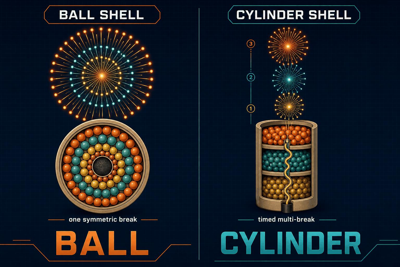 Ball shell vs cylinder shell fireworks cross-section — spherical single-break shell with stars around a central core on left, cylindrical multi-break canister shell with stacked charges on right