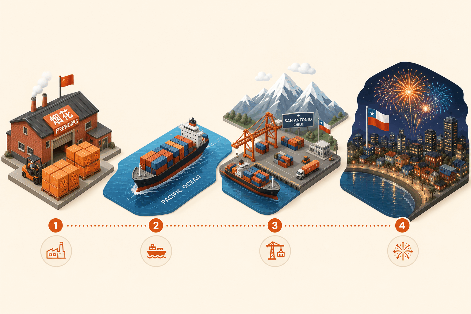 Isometric 3D illustration of the China-to-Chile fireworks supply chain — a Chinese fireworks factory loading orange Class 1 UN0336 1.4G cartons, a container ship crossing the Pacific Ocean, the San Antonio container port in Chile backed by the snow-capped Andes mountains, and a Chilean coastal city at night with a fireworks burst and a Chilean flag, the four stages linked by a dotted shipping route