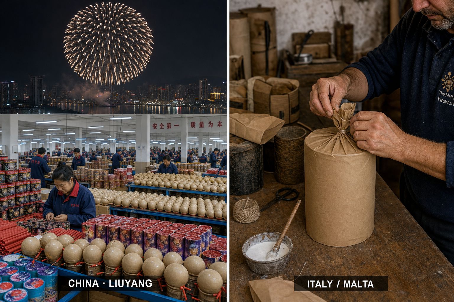 Chinese vs European fireworks compared — large-scale round ball-shell manufacturing on the left, hand-built cylinder-shell craftsmanship on the right