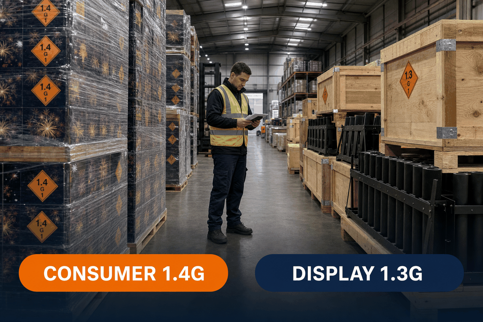 Consumer vs display fireworks — warehouse aisle with 1.4G consumer firework cartons on the left and 1.3G display crates and mortar racks on the right, labelled CONSUMER and DISPLAY