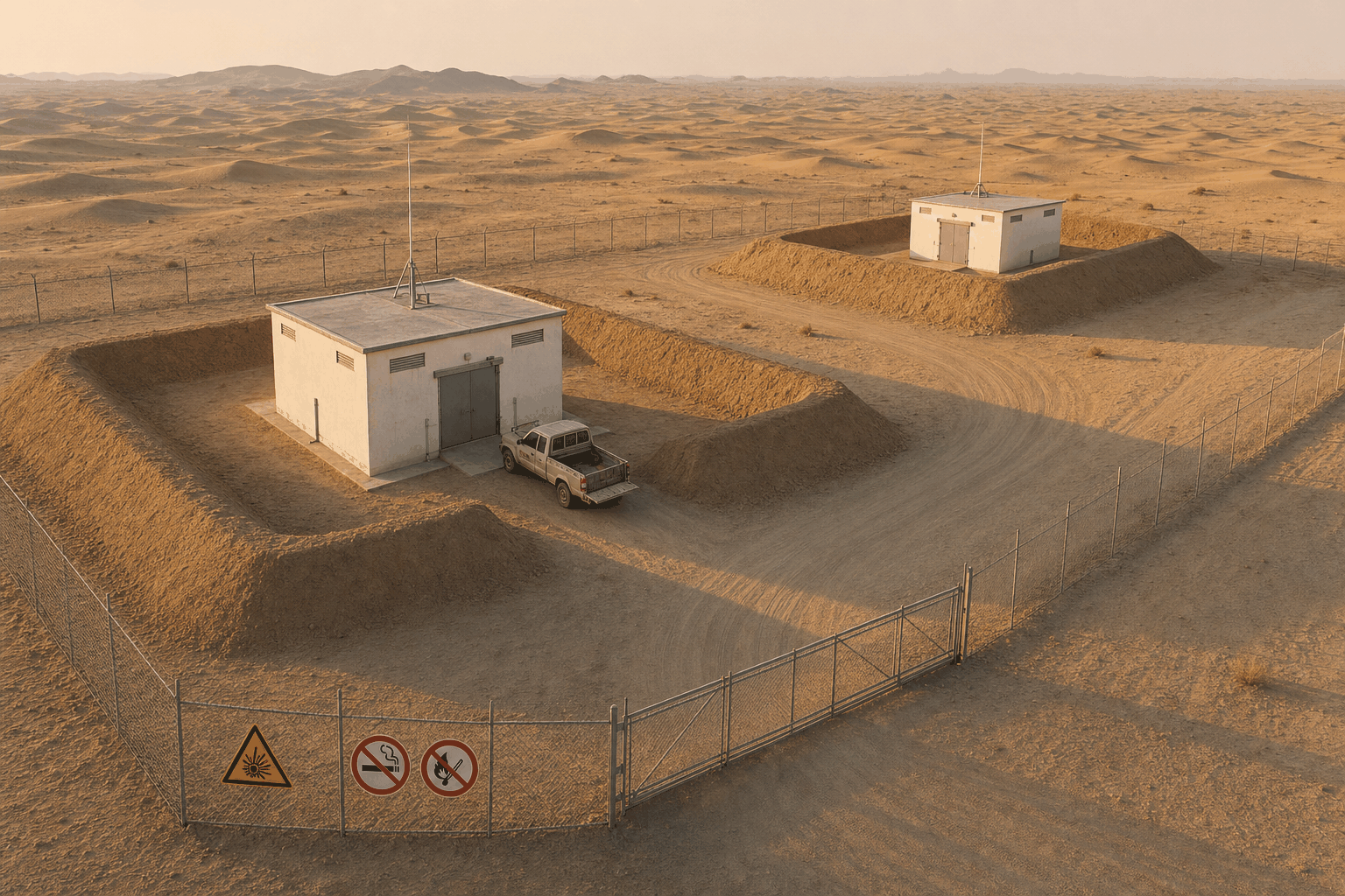 Aerial view of a fenced GCC fireworks storage magazine compound at golden hour — two bermed single-storey concrete magazines with lightning rods, a chain-link perimeter with ISO 7010 hazard signs at the gate (yellow explosive-material warning, red-circle no-smoking and no-open-flame), a service road and a utility pickup at one loading bay; the kind of bermed, quantity-distance separated layout typical of Civil Defence licensed magazines used across the GCC