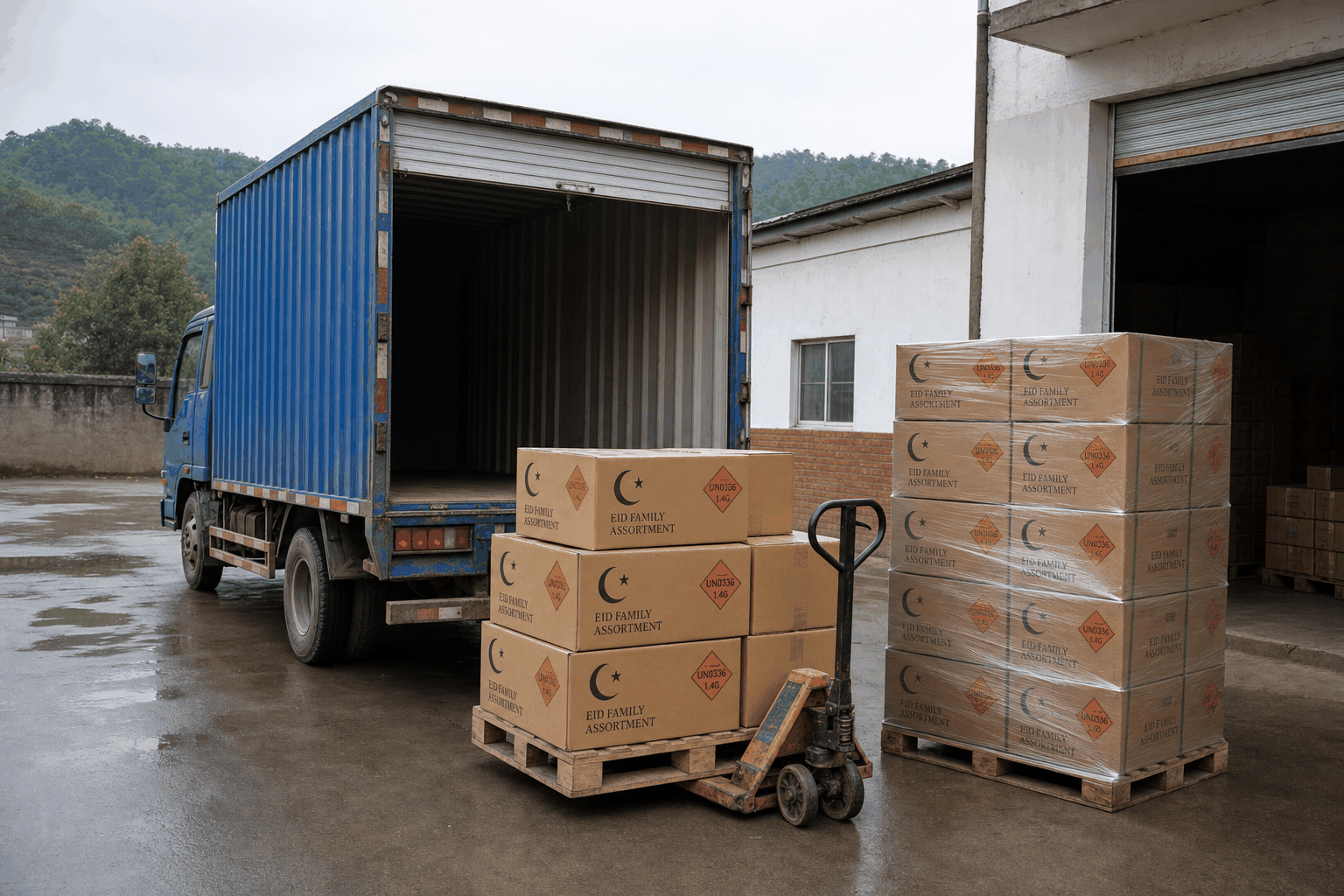 Realistic outdoor photograph at a Liuyang fireworks factory loading yard in Hunan China on an overcast spring morning &mdash; a blue cargo truck with its tailgate open, two wooden pallets of cardboard EID FAMILY ASSORTMENT export cartons clearly showing UN0336 1.4G hazard class orange diamonds and printed crescent moon and star graphics, stretch-wrapped pallets beside a metal warehouse roller door, low whitewashed factory buildings with red brick base, distant green hills under soft grey overcast light &mdash; a Liuyang Eid al-Fitr 1.4G consumer fireworks container being prepared for GCC export ahead of the Eid al-Fitr 2027 retail window