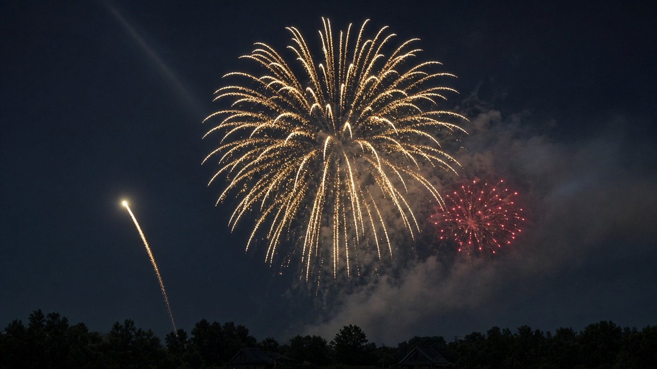 Night sky with gold and red fireworks bursts of different shapes above a dark treeline