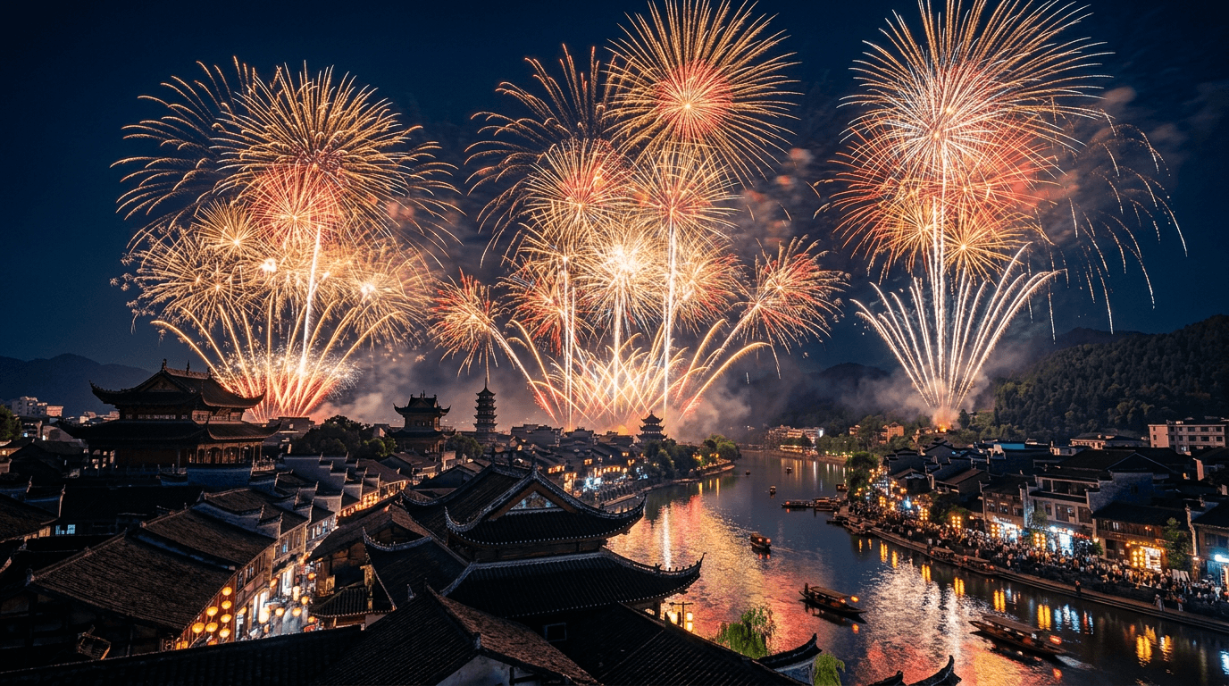 Spectacular fireworks display over the historic town of Liuyang, China — celebrating 1,400 years of pyrotechnic heritage