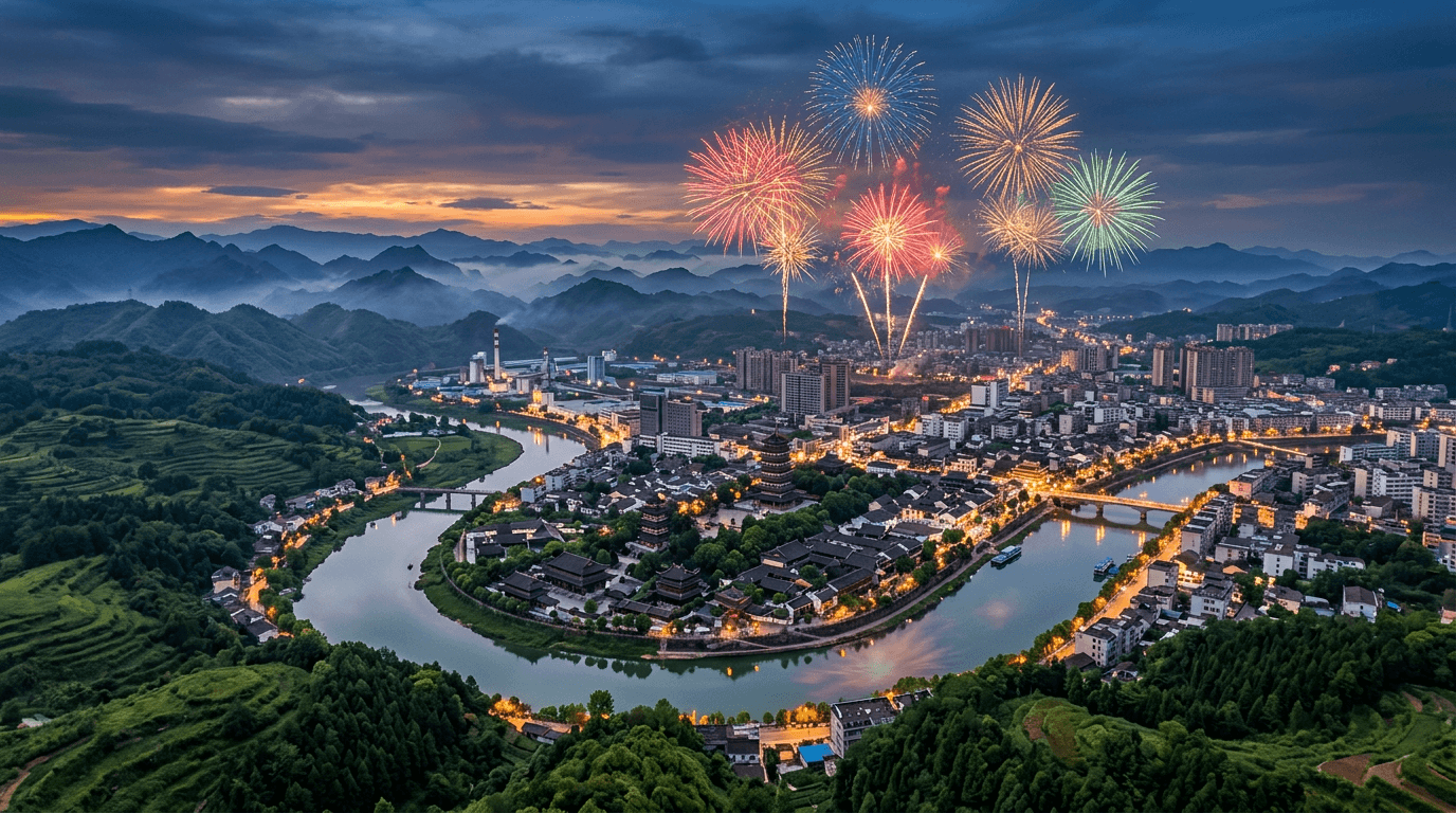 Aerial view of Liuyang city at twilight with fireworks illuminating the sky above the river valley