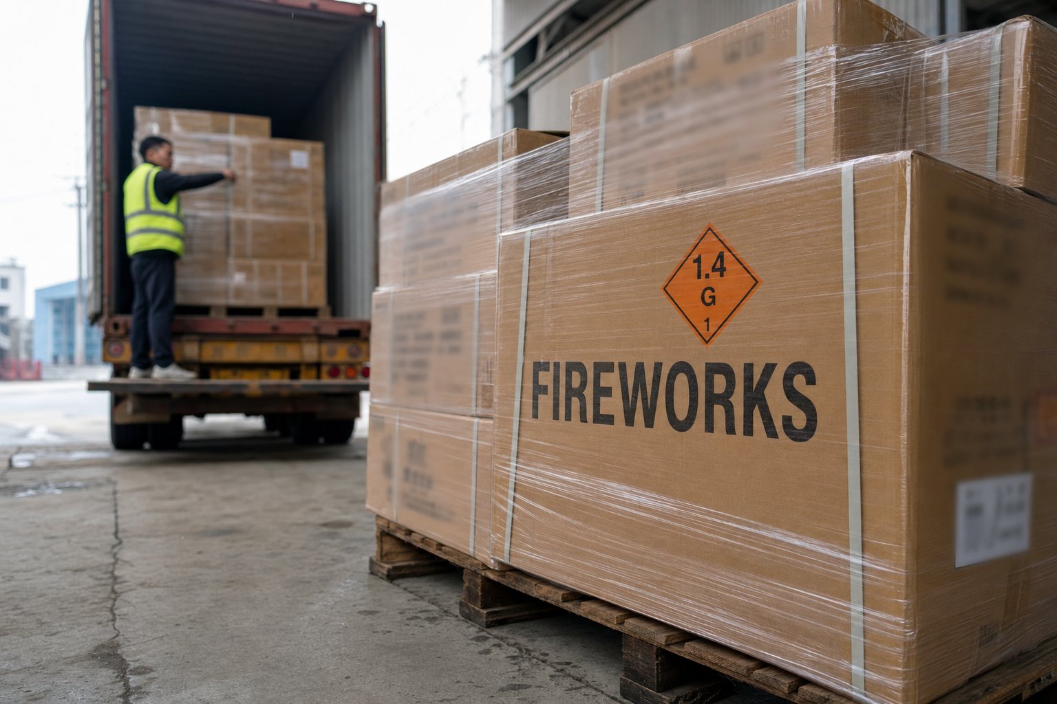 Shrink-wrapped pallets of mixed fireworks export cartons marked with orange 1.4G dangerous-goods diamonds and FIREWORKS stencils, staged at a warehouse dock while a worker loads a shipping container in the background