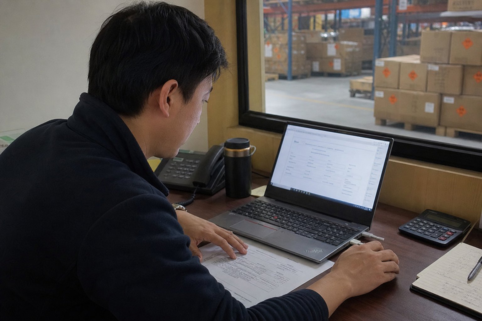 An import buyer at a warehouse-office desk leaning toward a laptop with a bank-transfer form open, a printed invoice resting under one hand beside a calculator and mug, with orange 1.4G dangerous-goods-labelled export cartons visible through the window behind