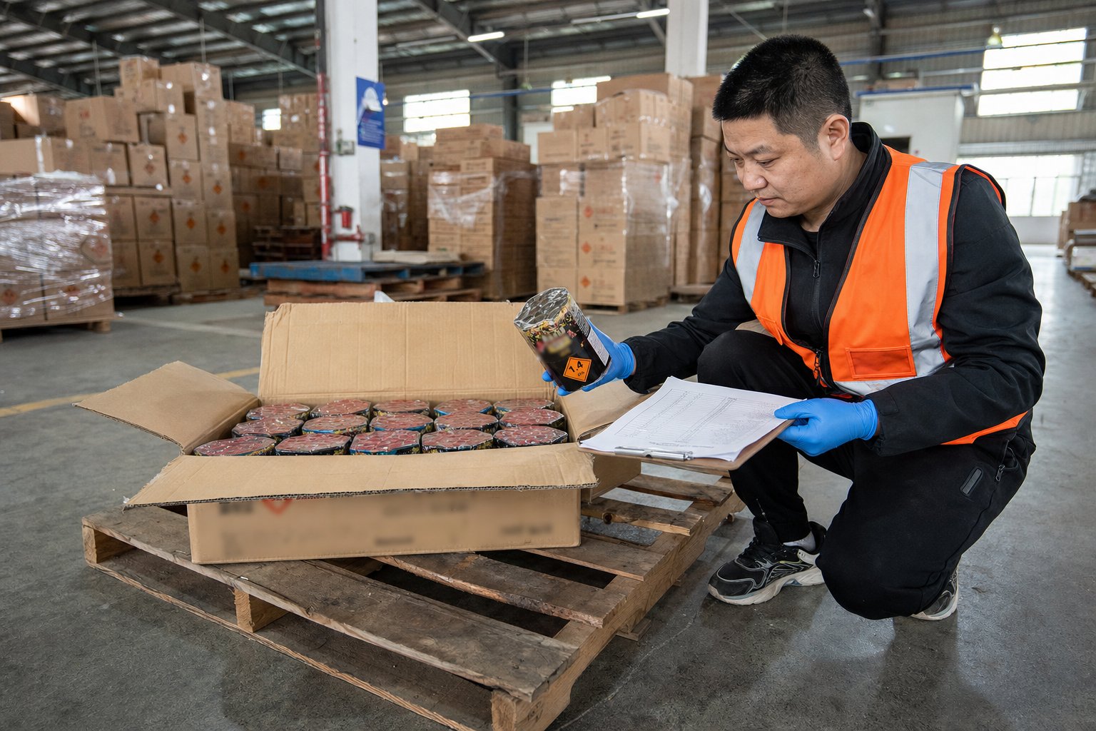 A quality inspector in an orange hi-vis vest and blue gloves crouches beside an opened export carton of fireworks cakes on a wooden pallet in a warehouse, checking the contents against a pre-shipment inspection checklist on a clipboard, with stacked dangerous-goods export cartons behind him