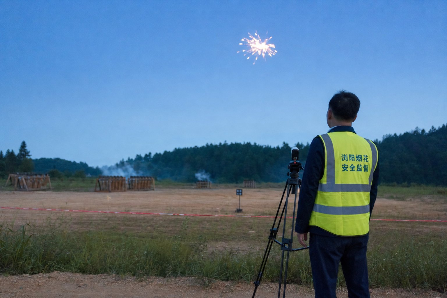 A safety supervisor in a hi-vis vest films a test shell bursting in the twilight sky with a tripod-mounted camera on an open proving ground, low firing racks and drifting smoke standing well behind a roped safety line in the distance