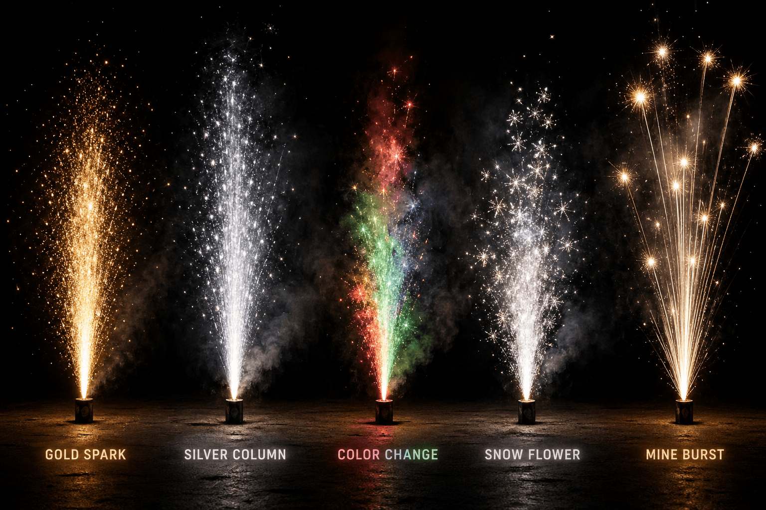 Five Liuyang fountain firework effect families compared at night — gold spark, silver column, color change, snow flower and mine burst