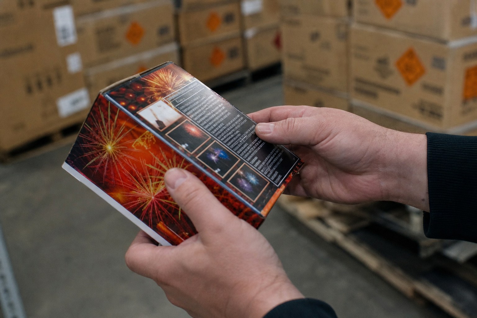 Hands turning a consumer fireworks retail box to read the printed instruction panel on its side, with export cartons stacked on a pallet behind