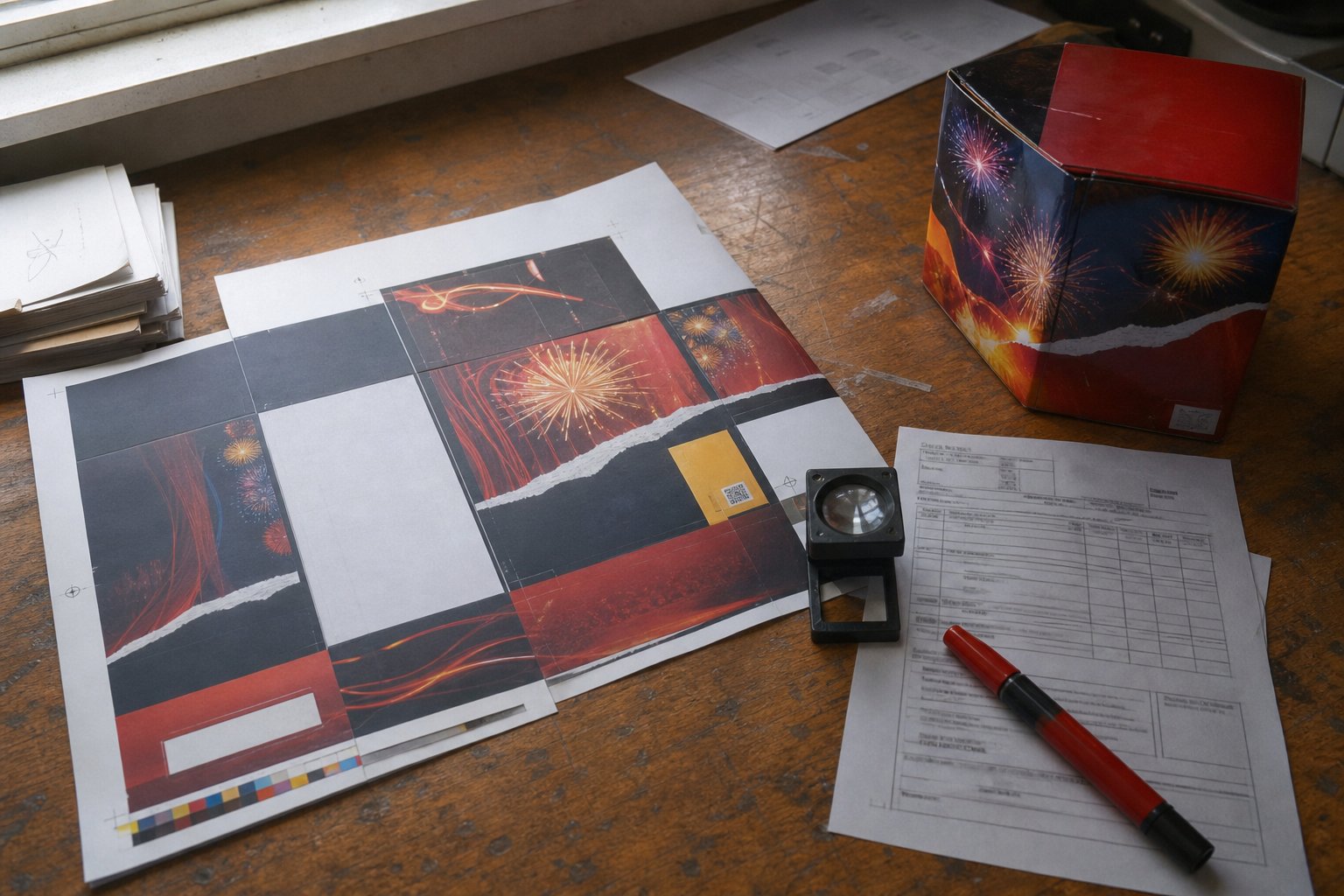 An export desk holding a fireworks carton artwork proof with a printers colour bar, a printed consumer fireworks box, a shipping document, a proofing loupe and a red marker pen