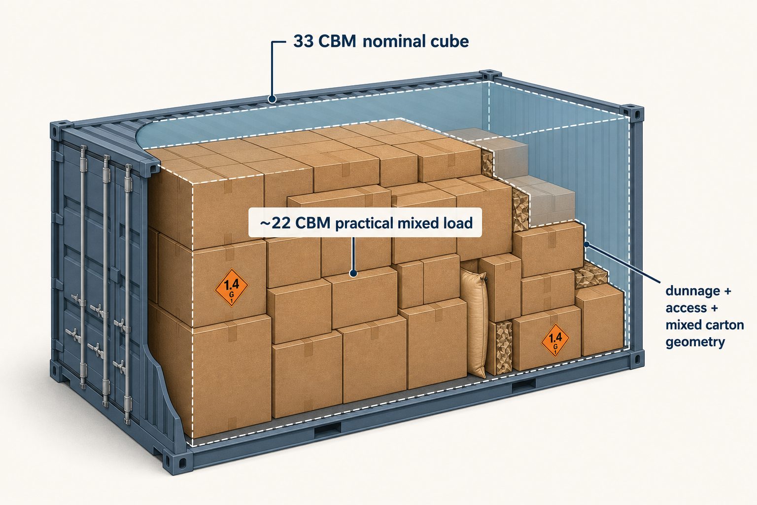 Cutaway diagram of a 20ft shipping container comparing 33 CBM nominal interior volume with about 22 CBM of practical mixed-load space after dunnage, access and mixed carton geometry