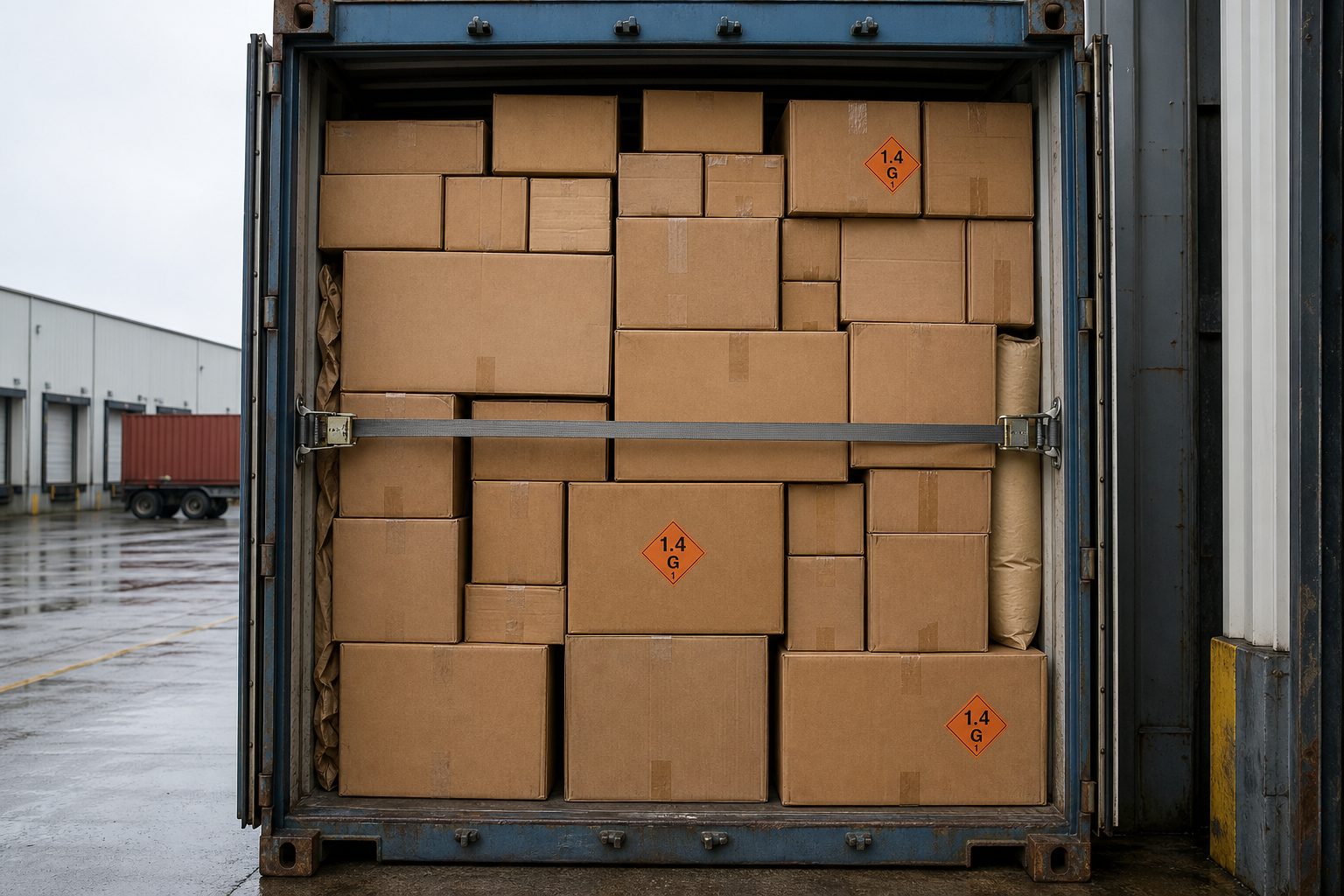 Open shipping container densely loaded with brown export cartons of mixed sizes, a few marked with orange Class 1.4G labels, secured by a horizontal cargo strap at a factory dispatch yard