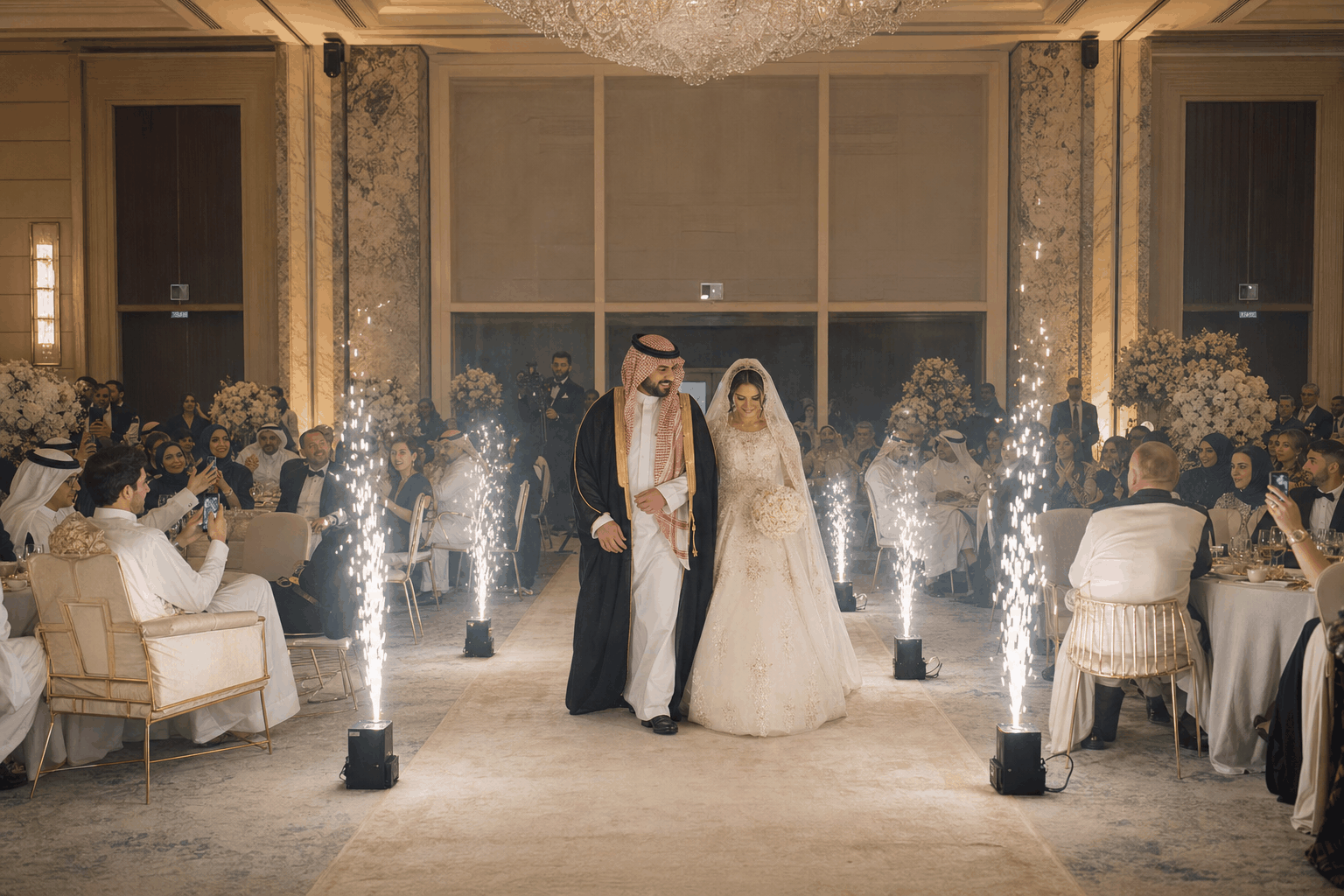 Indoor cold-spark fountain pyrotechnic units (UN0431-style indoor cold pyro) lining a carpeted aisle in a Dubai-style luxury hotel ballroom during a Gulf wedding &mdash; silver-white sparks about 1.2 metres high, a crystal chandelier and marble columns in a cream-and-gold setting; the kind of indoor cold-pyro setup commonly used at high-end GCC venues, subject to Civil Defence and venue safety officer approval
