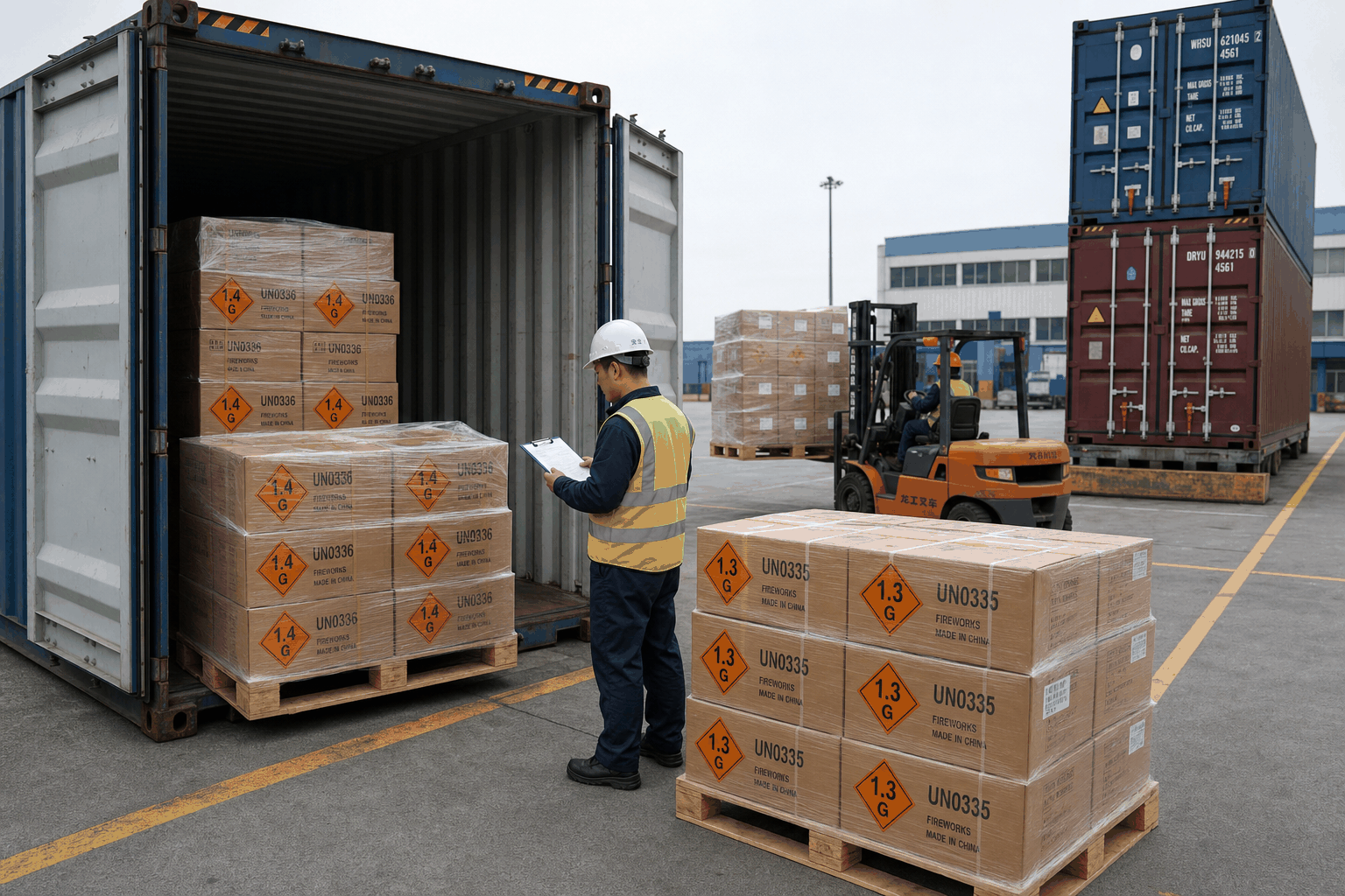 Illustration of a southern Chinese dangerous-goods (DG) certified loading port: a forty-foot container being loaded with pallets of UN0336 1.4G consumer fireworks cartons and UN0335 1.3G display cartons with orange Class 1 hazard diamonds, a dock worker in a high-visibility vest checking the carton-level packing list, a forklift in the background, and stacked sealed containers on the right &mdash; representing the China-to-Jebel Ali Class 1 fireworks lane covered in this Liuyang factory-side guide to UAE Civil Defence (DCD) clearance and transhipment to Saudi Arabia, Oman, Bahrain and Kuwait.