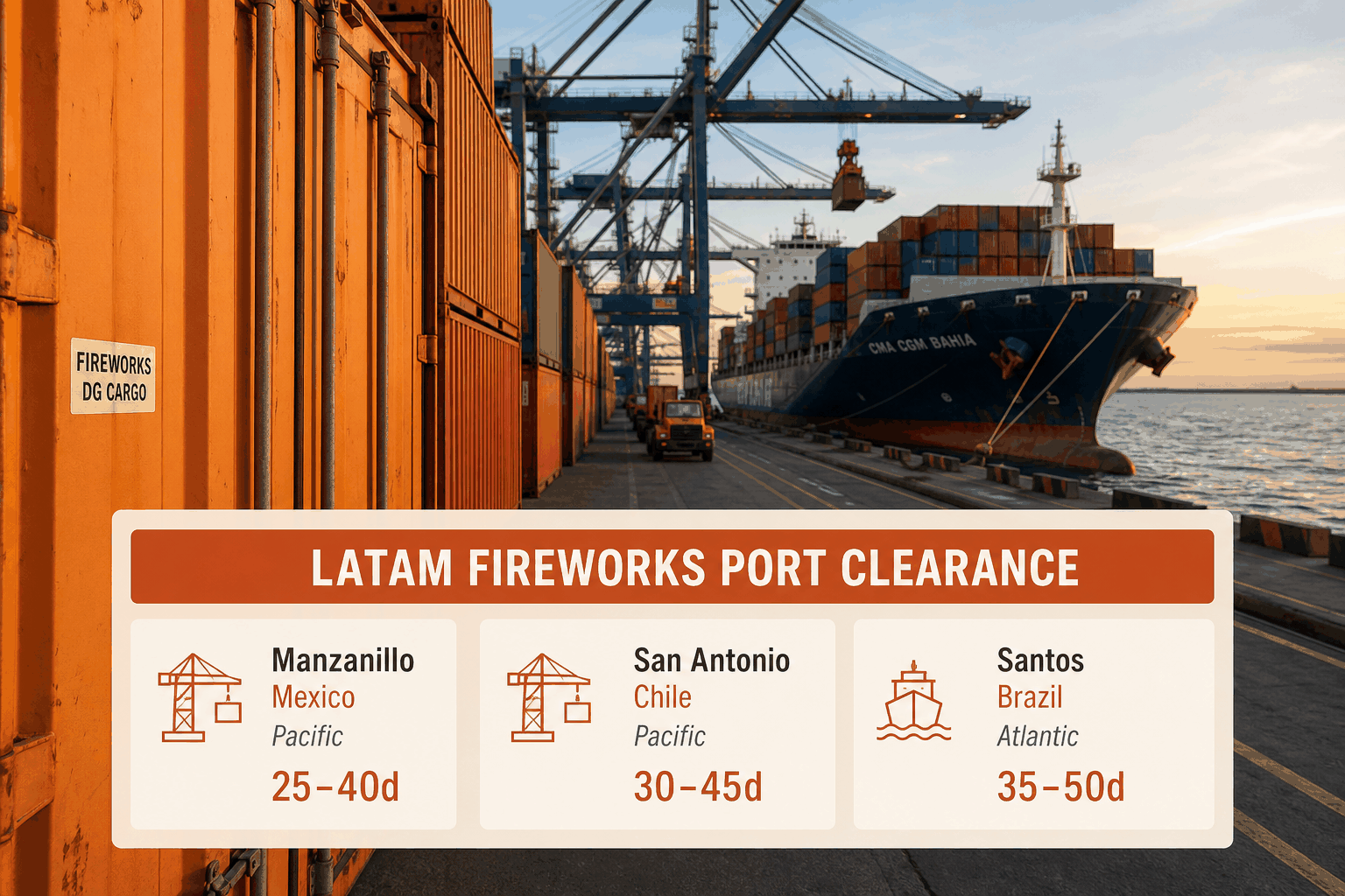 Realistic container-port photo with a lower-third infographic comparing Manzanillo, San Antonio and Santos for Latin America fireworks clearance by country, ocean route and transit time