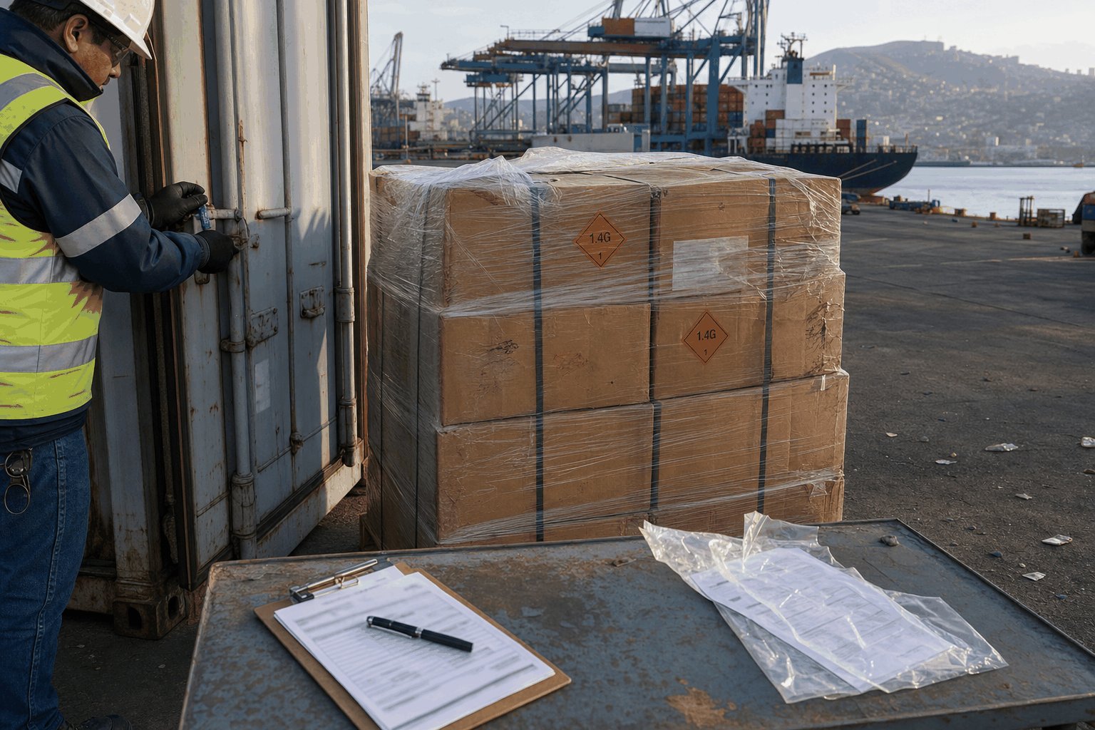 Documentary-style scene of a Class 1 fireworks import shipment at a Latin American container port — a shrink-wrapped pallet of cartons marked with orange UN 1.4G explosives labels beside a customs inspection table holding shipping documents, while a port worker in a hi-vis vest checks the container seal, with ship-to-shore gantry cranes and a moored container ship behind — illustrating the China-to-Latin America fireworks import and port-clearance lane for Brazil, Chile and Mexico