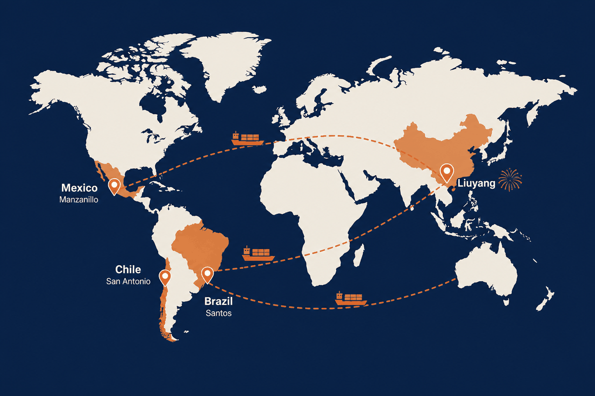 Map of fireworks shipping routes from Liuyang, China to the three main Latin American discharge ports — Manzanillo in Mexico and San Antonio in Chile on the Pacific, and Santos in Brazil on the Atlantic — for B2B fireworks importers handling Class 1 cargo
