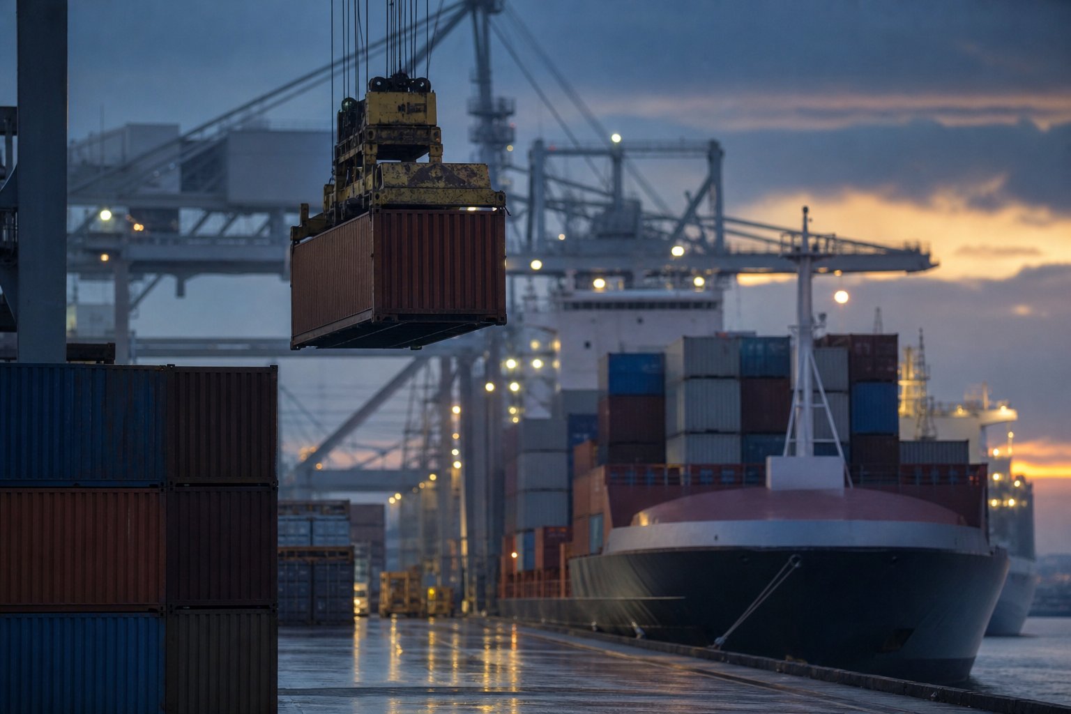 Ship-to-shore gantry crane lifting a single container above stacked container rows toward a moored container vessel at dawn, with a wet quay reflecting terminal lights