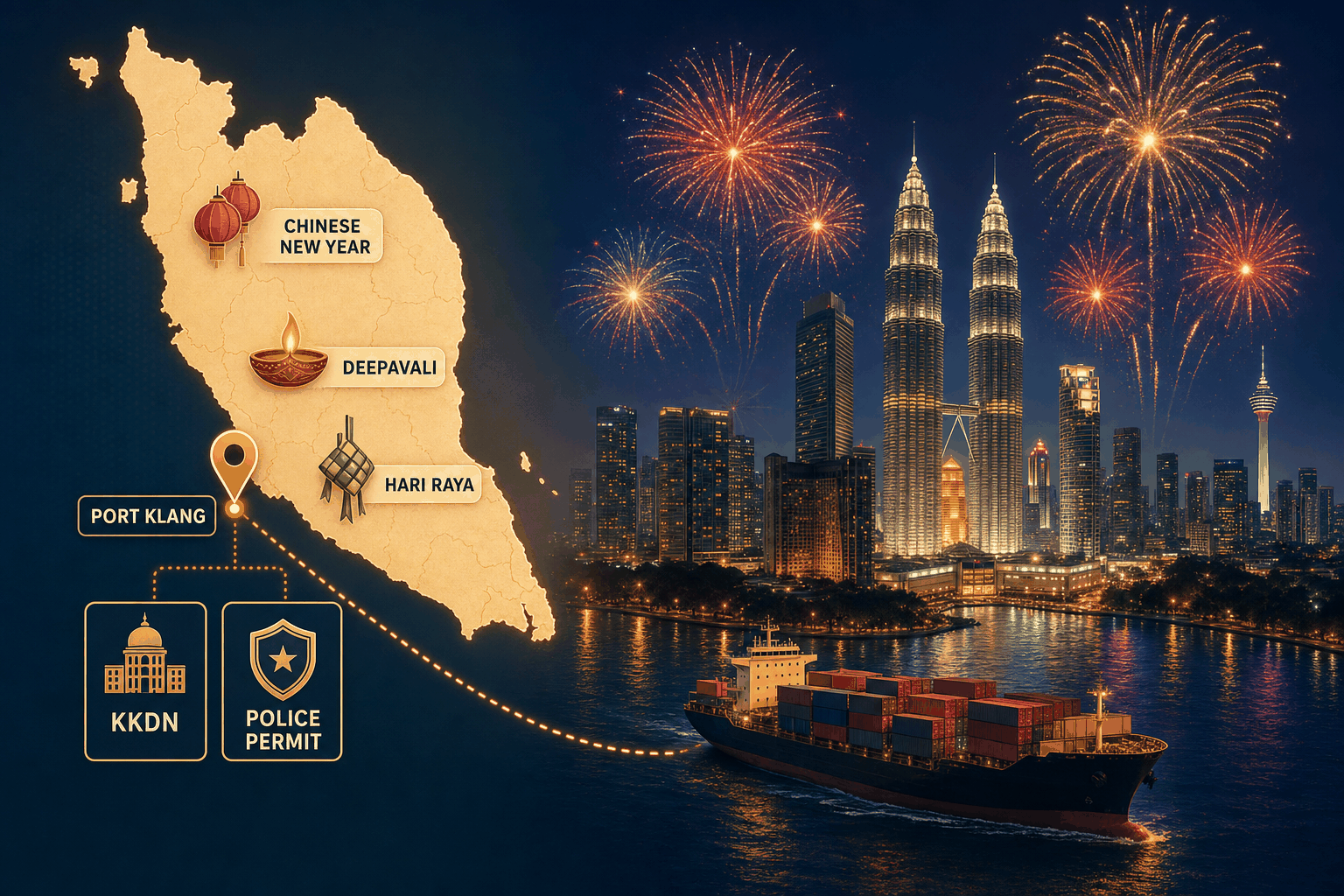Malaysia fireworks sourcing hero graphic &mdash; a stylised map of Peninsular Malaysia on the left marked with the three demand seasons Chinese New Year, Deepavali and Hari Raya, the Port Klang marker on the west coast and a two-gate permit icon for KKDN approval and the Royal Malaysia Police permit, blended on the right into a night scene of fireworks over the Kuala Lumpur skyline with the Petronas Twin Towers silhouette &mdash; planning anchor for distributors importing Class 1 fireworks into Malaysia from Liuyang, Hunan, China