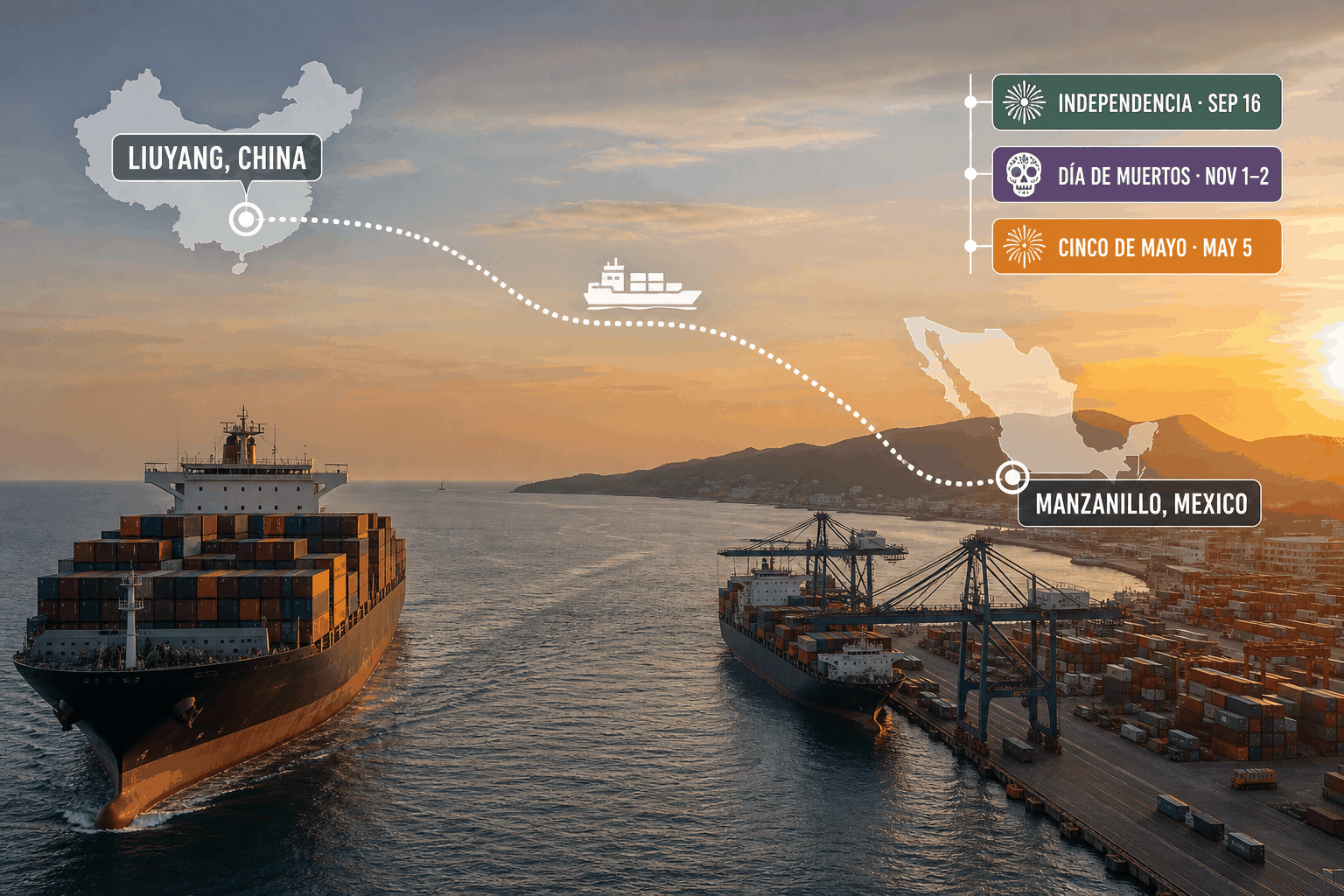 China-to-Mexico fireworks shipping route from Liuyang across the Pacific to the port of Manzanillo, tagged with the three Mexican selling seasons — Independencia, Día de Muertos and Cinco de Mayo