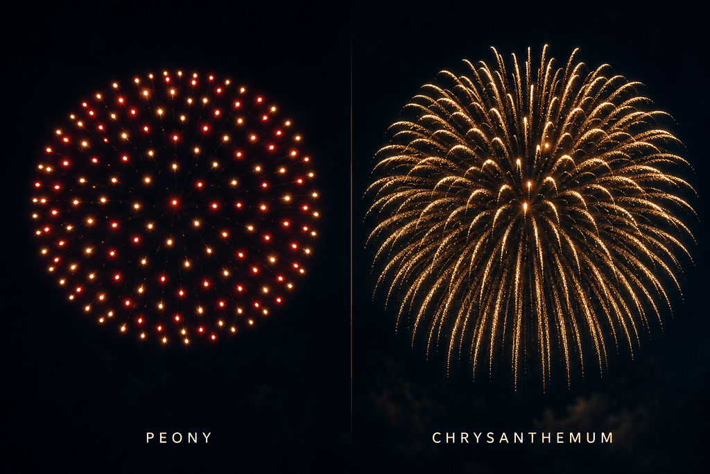 Peony vs chrysanthemum shell fireworks comparison — clean dotted peony sphere on left, trailing-tail chrysanthemum burst on right