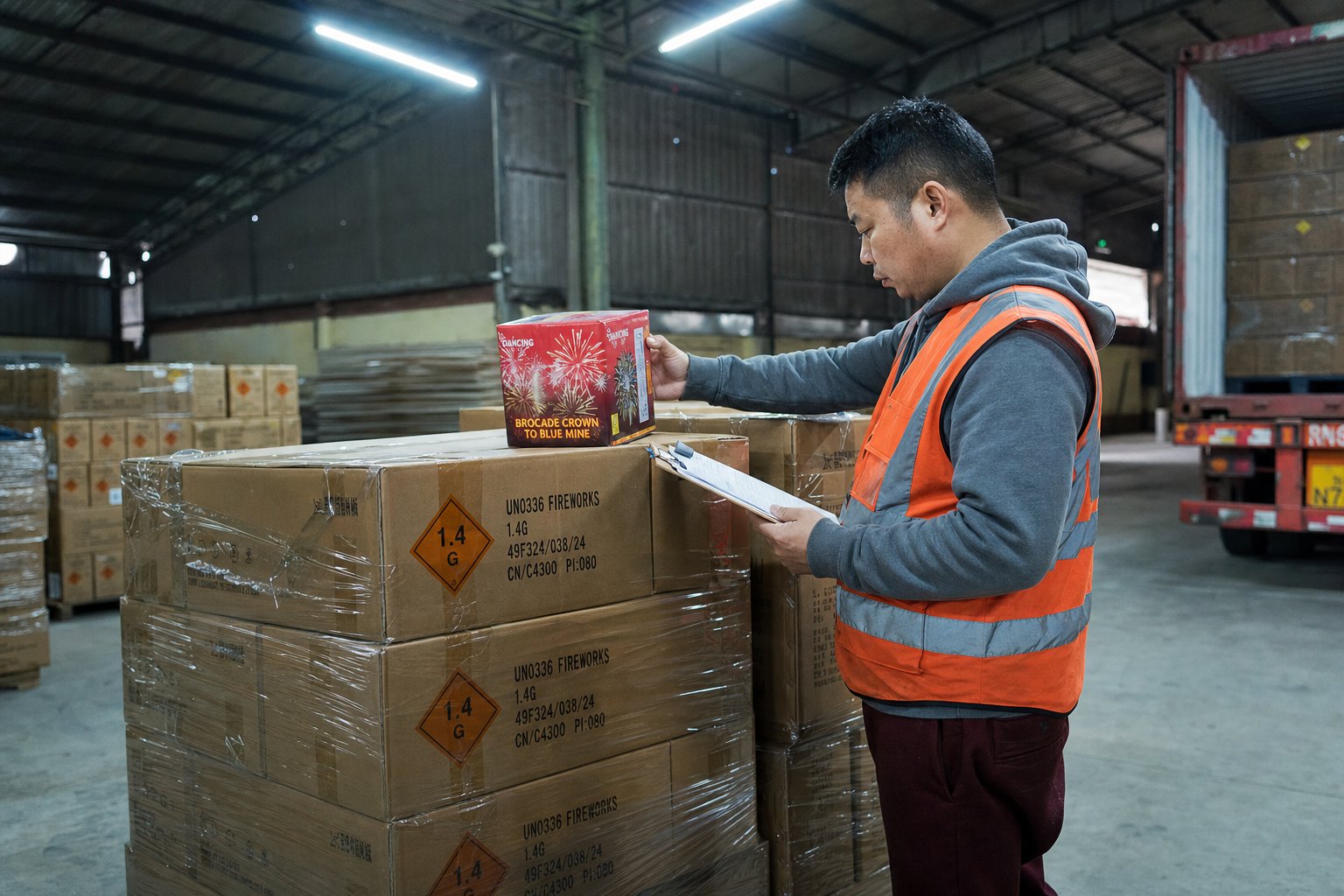 Private-label and OEM fireworks sourcing — a warehouse worker in a high-visibility vest checks a clipboard against a branded consumer firework box, beside shrink-wrapped pallets of UN0336 1.4G export cartons ready for shipment