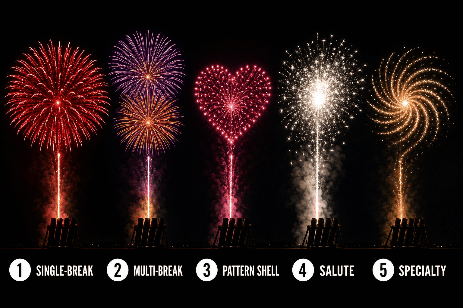 Five professional aerial shell burst types from Liuyang, numbered and labeled below each burst over silhouetted mortar racks at night &mdash; 1 Single-Break, 2 Multi-Break, 3 Pattern Shell, 4 Salute, 5 Specialty