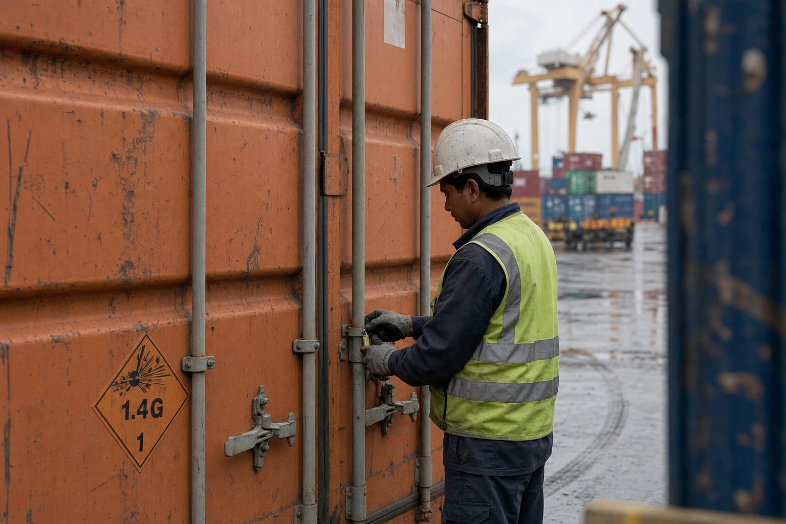 Port worker checking the bolt seal on an orange shipping container marked with a UN Class 1.4G explosives placard at a Gulf container terminal