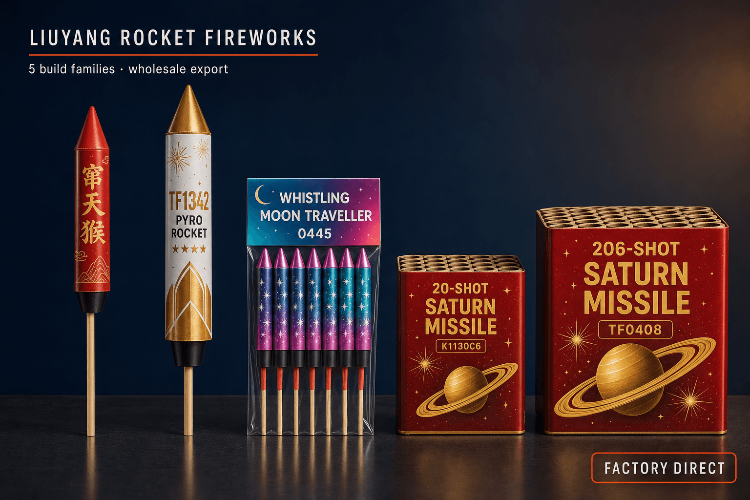 Five Liuyang rocket firework build families compared — bottle rocket 窜天猴, TF1342 Pyro Rocket stick rocket, Whistling Moon Traveller 0445, 20-shot Saturn Missiles K1130C6 and 206-shot Saturn Missiles TF0408