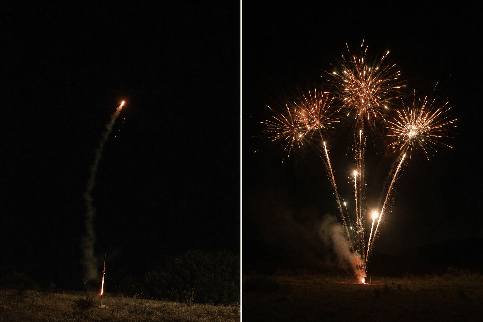 Roman candle vs cake fireworks — single-tube sequential roman candles firing one comet at a time on left, multi-shot cake barrage box erupting into many bursts on right