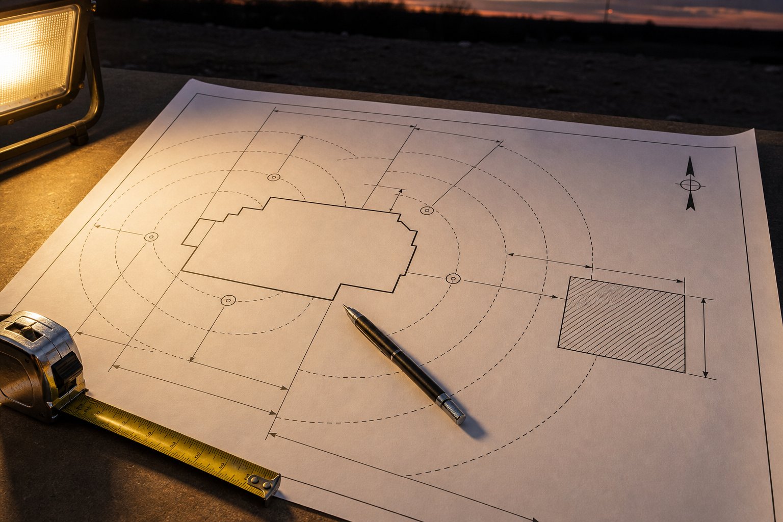 Site layout drawing for a fireworks display: venue outline, firing positions marked as circles, concentric dashed arcs showing safety distances, dimension lines, and a hatched spectator area set well back from the firing positions