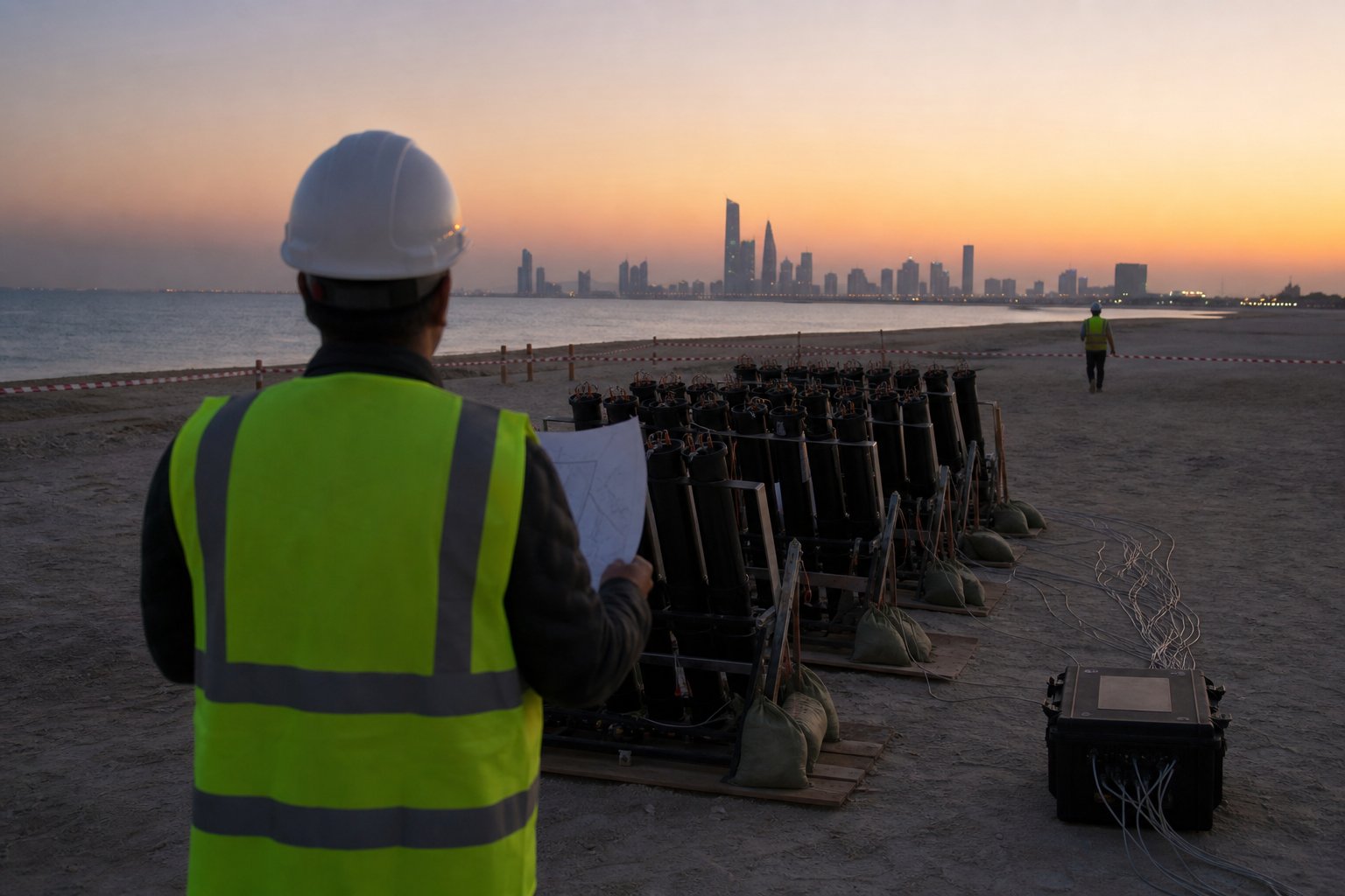 Safety officer seen from behind in a hard hat and high-vis vest, holding a site plan at the edge of a sandbagged mortar-rack field at dusk, with ignition cables running to a firing case and red-and-white exclusion tape marking the empty zone beyond