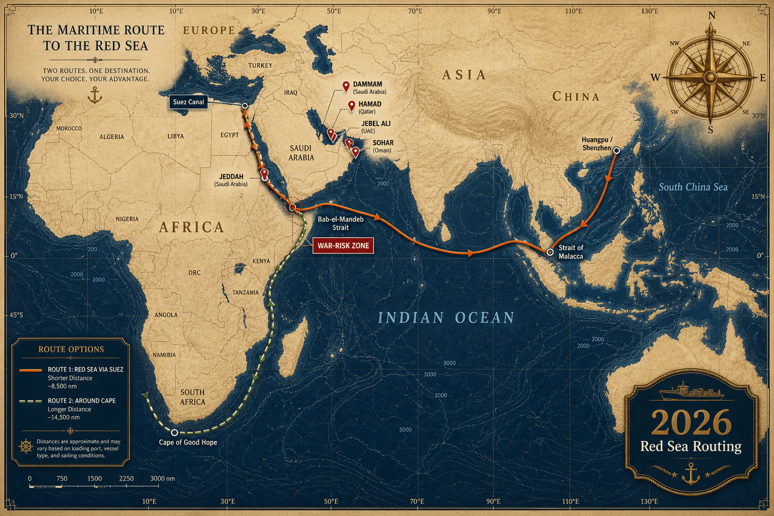 2026 GCC fireworks shipping route map — China south coast (Huangpu and Shenzhen) to the Arabian Gulf, antique nautical chart style showing the shorter Suez route via Bab-el-Mandeb with a war-risk caution zone and the longer Cape of Good Hope alternative around Africa, with port pins at Jebel Ali, Jeddah, Dammam, Hamad and Sohar — Liuyang Tauron Fireworks 2026 Red Sea routing chart