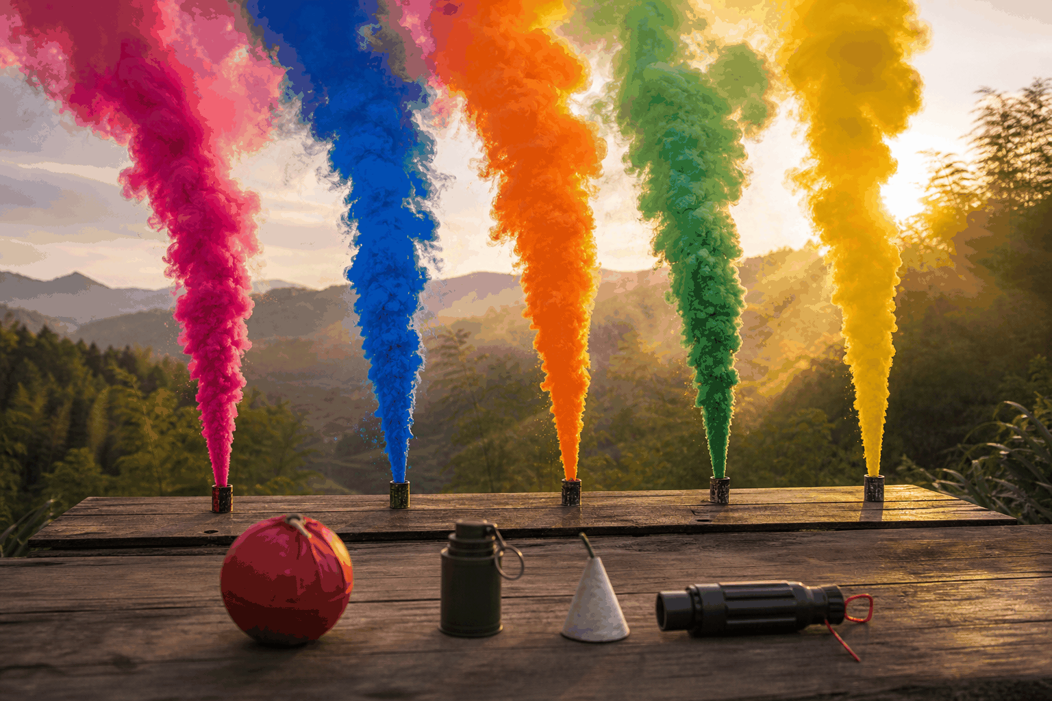 Five Liuyang color smoke product families fired side by side at dusk — pink color paper smoke ball, blue smoke grenade, orange conic smoke, green smoke fountain and yellow hand smoke tube, with raw casings on a wooden plank in the foreground