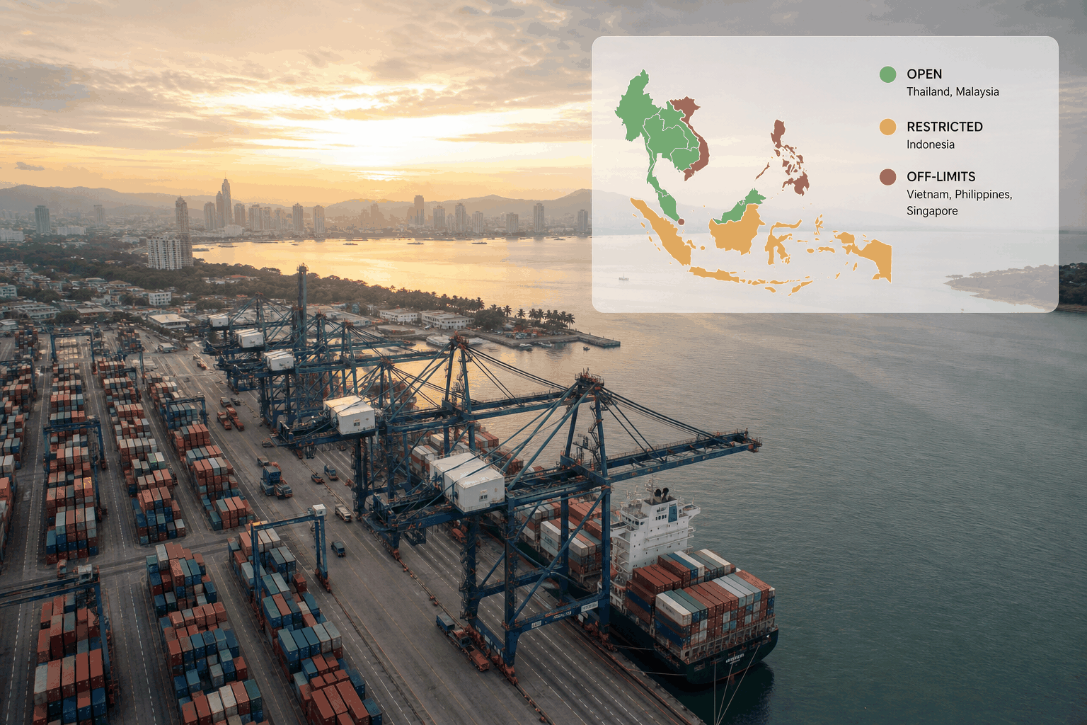 Aerial photograph of a Southeast Asian container port at dawn with gantry cranes and stacked shipping containers, overlaid with a traffic-light map of Southeast Asia fireworks markets — Thailand and Malaysia open (green), Indonesia restricted to an authorized channel (amber), and Vietnam, the Philippines and Singapore off-limits (red) — illustrating the China-to-Southeast-Asia fireworks import lanes covered in this Liuyang factory-side sourcing hub