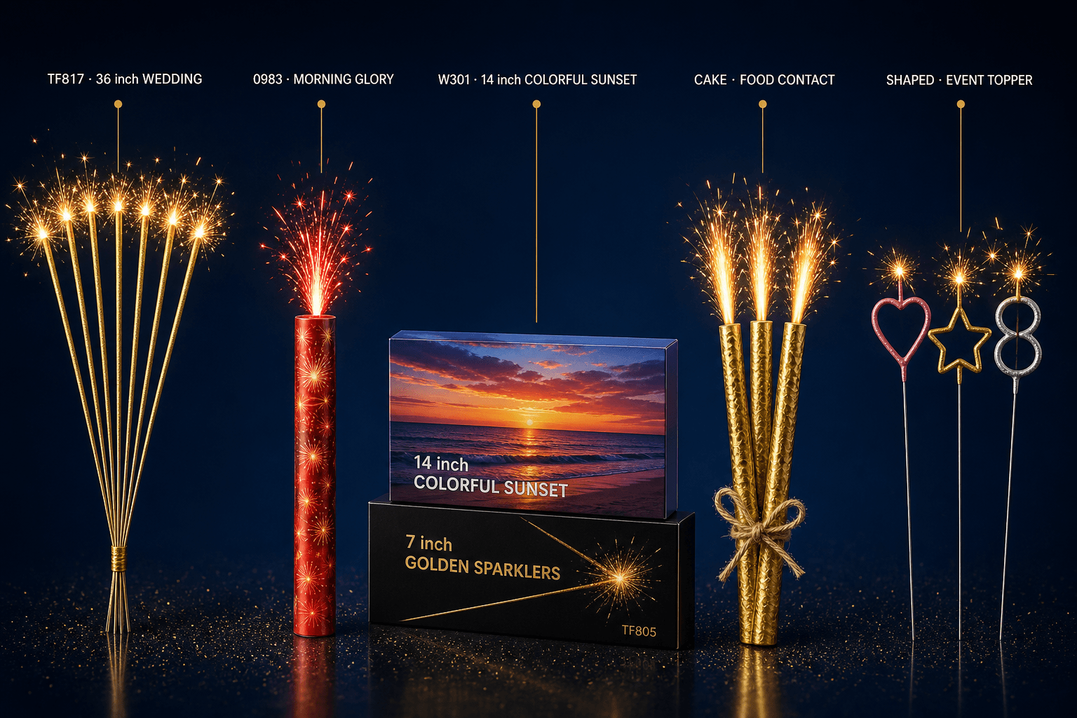 Liuyang sparkler build families catalog — wedding wire, Morning Glory tube, color, gold, cake and shaped event-topper sparklers