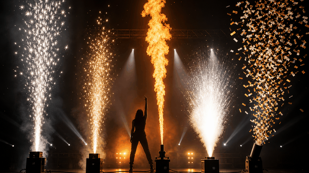Five close-proximity pyrotechnic families fired on an indoor stage — a cold spark machine fountain, a pyrotechnic gerb spark jet, a propane flame projector column, a concussion flash pot burst and a confetti launcher, with a performer positioned between the controlled stage effects