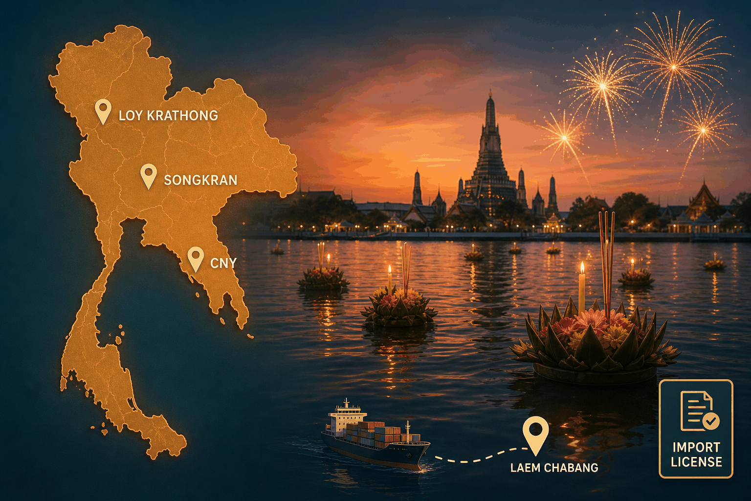 Thailand fireworks sourcing hero graphic &mdash; a stylised map of Thailand on the left marked with the three demand seasons Loy Krathong, Songkran and Chinese-Thai New Year, the Laem Chabang port marker on the eastern seaboard and an import-license document icon, blended on the right into a Loy Krathong night scene of floating krathong lanterns on a river, a temple silhouette and a burst of fireworks overhead &mdash; planning anchor for distributors importing Class 1 consumer fireworks into Thailand from Liuyang, Hunan, China